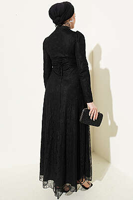 Yarım Düğmeli Dantelli Abiye Elbise Siyah - Elbise