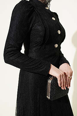 Yarım Düğmeli Dantelli Abiye Elbise Siyah - Elbise