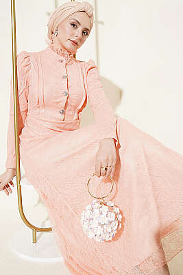 Yarım Düğmeli Dantelli Abiye Elbise Yavru Ağzı - BERAT TEKSTİL