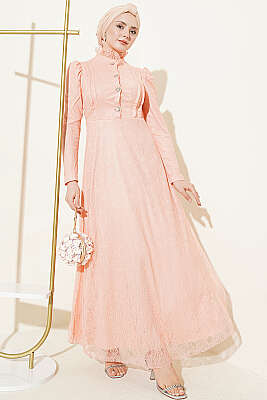 Yarım Düğmeli Dantelli Abiye Elbise Yavru Ağzı - Elbise