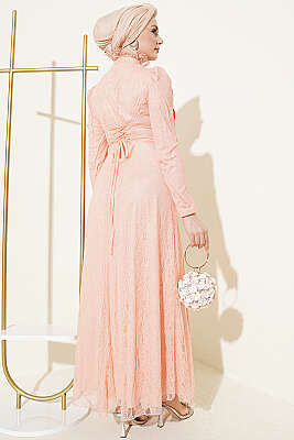 Yarım Düğmeli Dantelli Abiye Elbise Yavru Ağzı - Elbise