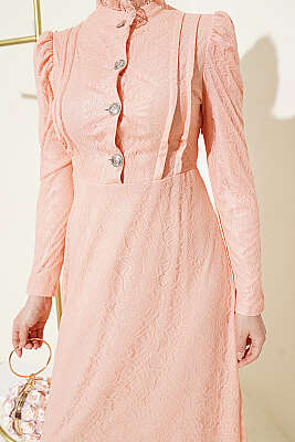 Yarım Düğmeli Dantelli Abiye Elbise Yavru Ağzı - Elbise