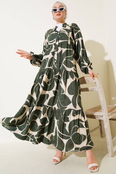 Yarım Düğmeli Desen Detaylı Elbise Haki - Elbise