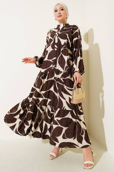 Yarım Düğmeli Desen Detaylı Elbise Kahve - Elbise