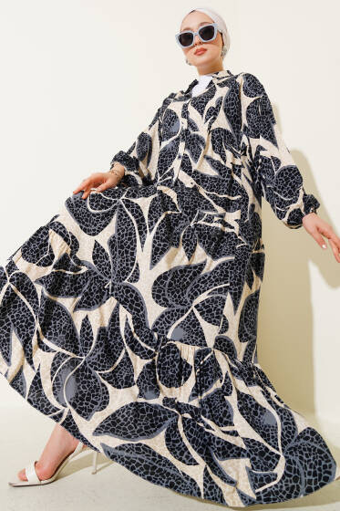 Yarım Düğmeli Desen Detaylı Elbise Siyah - Elbise