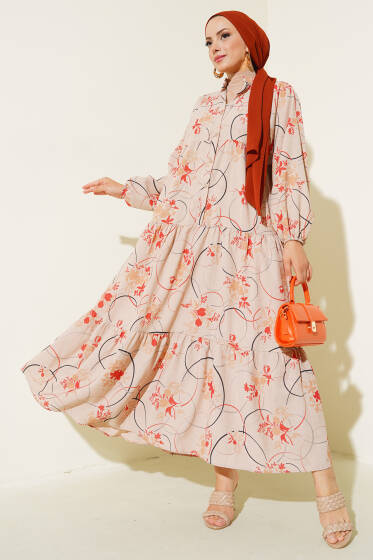 Yarım Düğmeli Desenli Kat Elbise Alizarin - Elbise