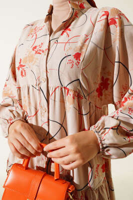 Yarım Düğmeli Desenli Kat Elbise Alizarin - Tesettür Elbise