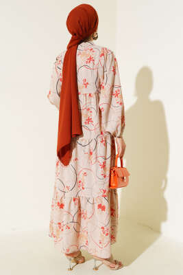 Yarım Düğmeli Desenli Kat Elbise Alizarin - Tesettür Elbise