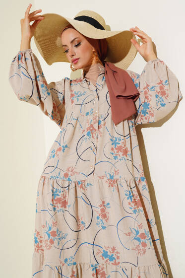 Yarım Düğmeli Desenli Kat Elbise İndigo - Elbise