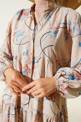 Yarım Düğmeli Desenli Kat Elbise İndigo - Tesettür Elbise