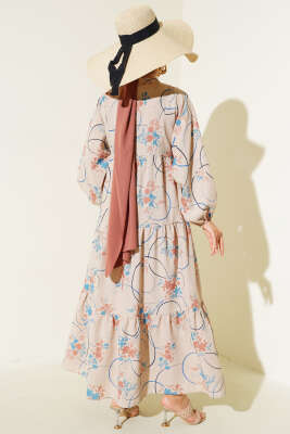 Yarım Düğmeli Desenli Kat Elbise İndigo - Tesettür Elbise