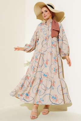 Yarım Düğmeli Desenli Kat Elbise İndigo - Tesettür Elbise