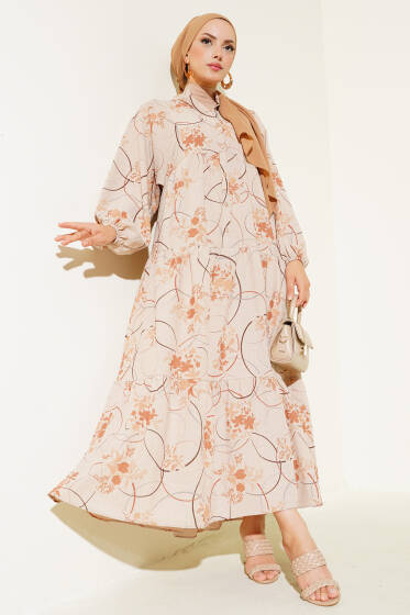 Yarım Düğmeli Desenli Kat Elbise Latte - Elbise