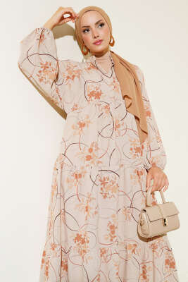 Yarım Düğmeli Desenli Kat Elbise Latte - Tesettür Elbise