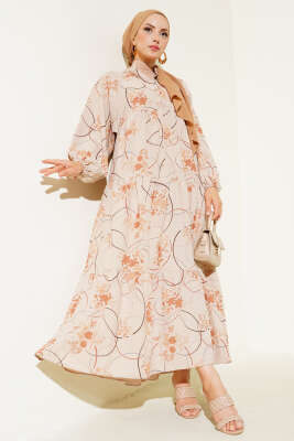 Yarım Düğmeli Desenli Kat Elbise Latte 