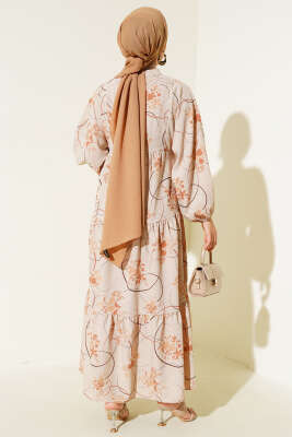 Yarım Düğmeli Desenli Kat Elbise Latte - Tesettür Elbise