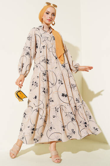 Yarım Düğmeli Desenli Kat Elbise Siyah - Elbise