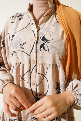 Yarım Düğmeli Desenli Kat Elbise Siyah - Tesettür Elbise