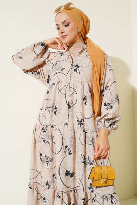 Yarım Düğmeli Desenli Kat Elbise Siyah - Tesettür Elbise