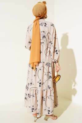 Yarım Düğmeli Desenli Kat Elbise Siyah - Tesettür Elbise