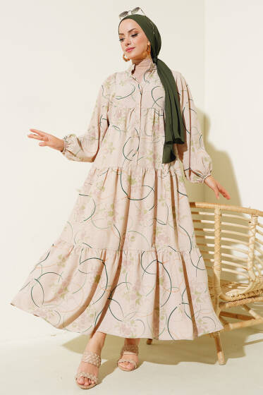 Yarım Düğmeli Desenli Kat Elbise Yeşil - Elbise