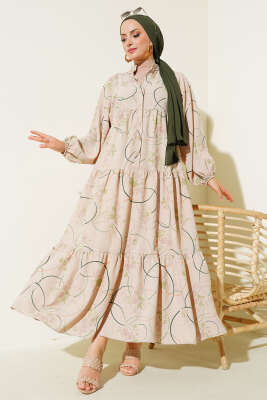 Yarım Düğmeli Desenli Kat Elbise Yeşil 