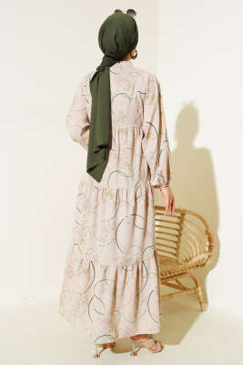 Yarım Düğmeli Desenli Kat Elbise Yeşil - Tesettür Elbise