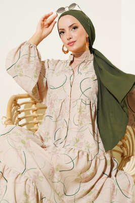 Yarım Düğmeli Desenli Kat Elbise Yeşil - Tesettür Elbise