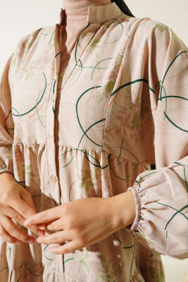 Yarım Düğmeli Desenli Kat Elbise Yeşil - Tesettür Elbise