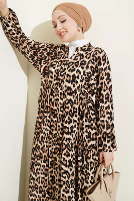 Yarım Düğmeli Desenli Katlı Elbise Leopar - BIGDART