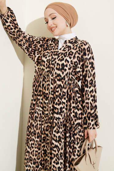 Yarım Düğmeli Desenli Katlı Elbise Leopar - Elbise