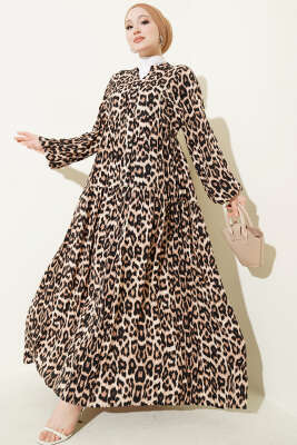Yarım Düğmeli Desenli Katlı Elbise Leopar - Elbise