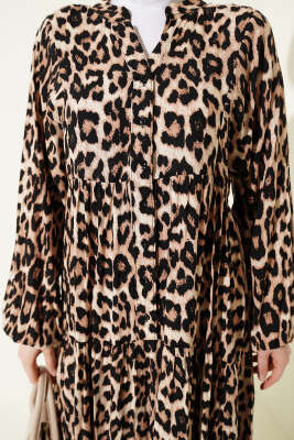 Yarım Düğmeli Desenli Katlı Elbise Leopar - Elbise