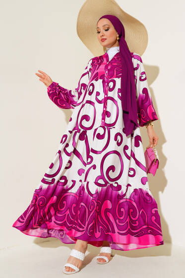 Yarım Düğmeli Desenli Salaş Elbise Menekşe - Elbise