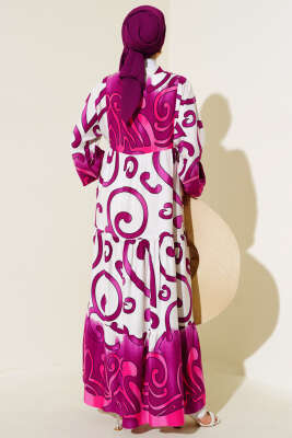 Yarım Düğmeli Desenli Salaş Elbise Menekşe - Elbise