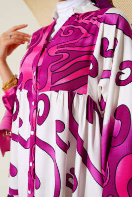 Yarım Düğmeli Desenli Salaş Elbise Menekşe - Tesettür Elbise