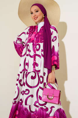 Yarım Düğmeli Desenli Salaş Elbise Menekşe - Tesettür Elbise