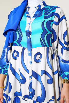 Yarım Düğmeli Desenli Salaş Elbise Saks - Elbise