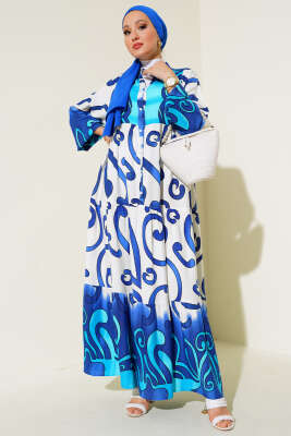 Yarım Düğmeli Desenli Salaş Elbise Saks 