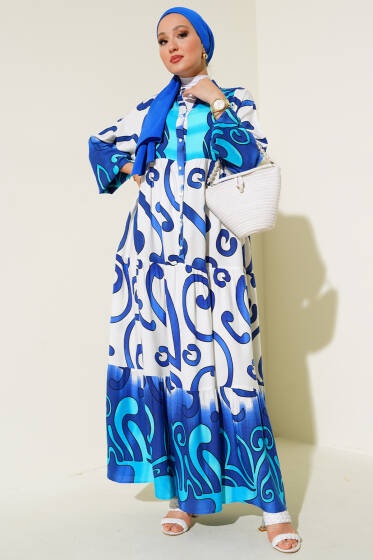 Yarım Düğmeli Desenli Salaş Elbise Saks - Elbise