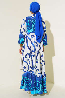 Yarım Düğmeli Desenli Salaş Elbise Saks - Tesettür Elbise