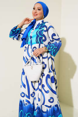 Yarım Düğmeli Desenli Salaş Elbise Saks - Tesettür Elbise