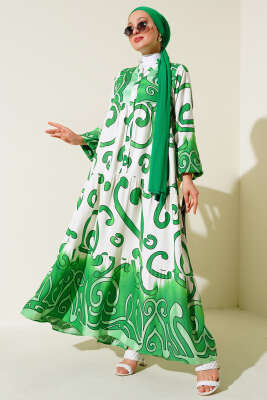 Yarım Düğmeli Desenli Salaş Elbise Yeşil - Elbise