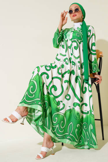 Yarım Düğmeli Desenli Salaş Elbise Yeşil - Elbise