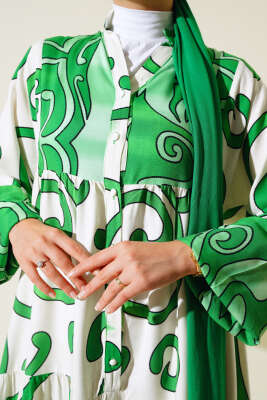 Yarım Düğmeli Desenli Salaş Elbise Yeşil - Elbise