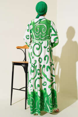 Yarım Düğmeli Desenli Salaş Elbise Yeşil - Tesettür Elbise