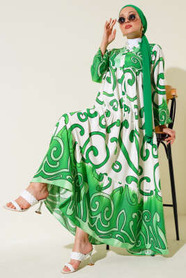 Yarım Düğmeli Desenli Salaş Elbise Yeşil 