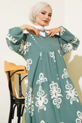 Yarım Düğmeli Desenli Viskon Elbise Çağla Yeşili - Tesettür Elbise