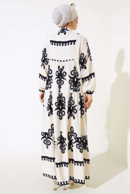 Yarım Düğmeli Desenli Viskon Elbise Ekru - Tesettür Elbise