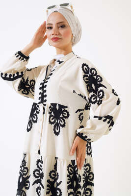 Yarım Düğmeli Desenli Viskon Elbise Ekru - Tesettür Elbise